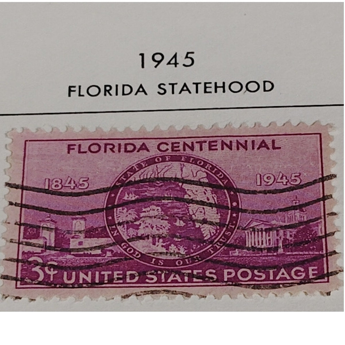 1945 3¢ Florida Statehood Stamp, Scott 908 – Centennial Issue – Seal & Landmarks