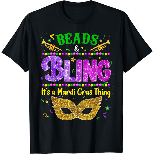 Unisex Mardi Gras Beads Bling Graphic T Shirt Black Crew Neck Cotton 2XLT