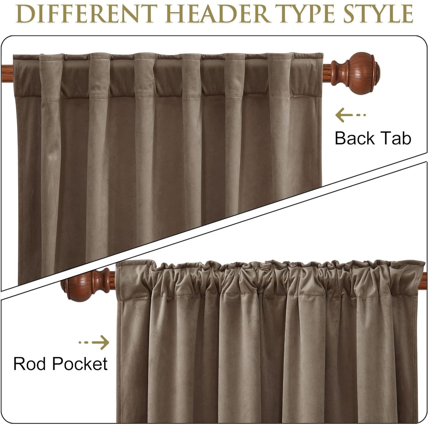 StangH Taupe Velvet Curtains Room Darkening, Thermal, W52 x L102, 2 Panels Set