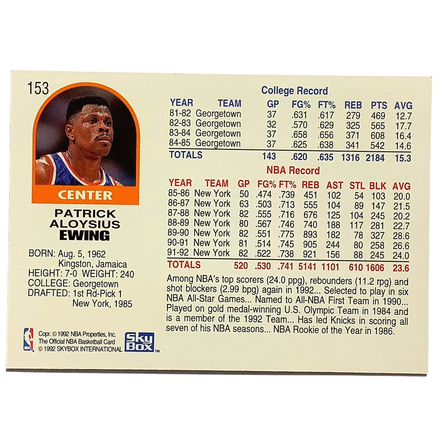 Patrick Ewing (C), Card #153, New York Knicks, 1992 Skybox NBA Hoops