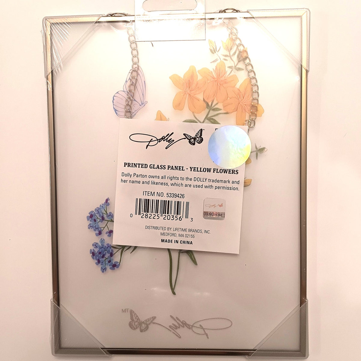 Dolly Parton Yellow Flowers Printed Glass Panel - Gold Frame, Butterfly Design