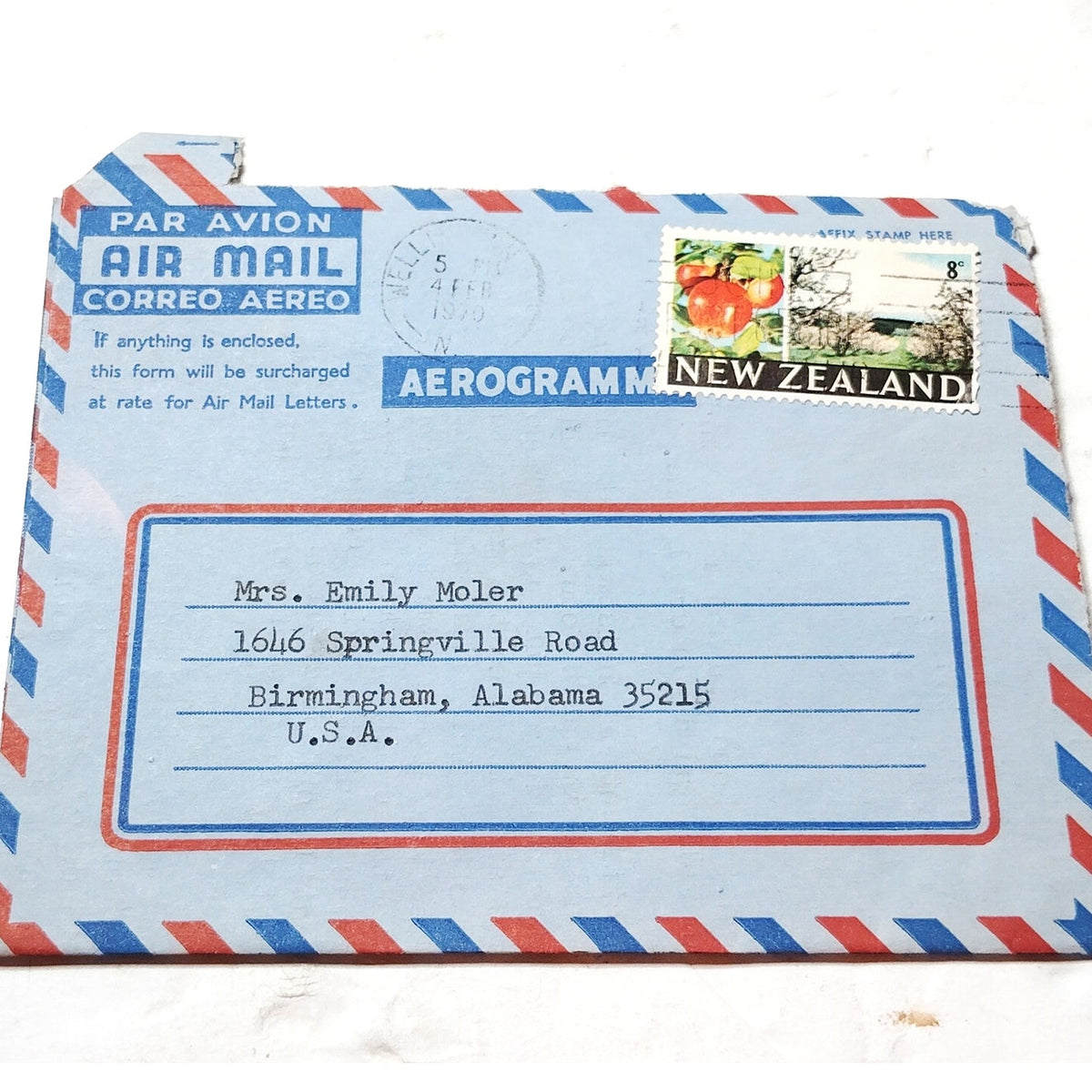 1970 New Zealand Aerogramme to USA w/ Original Letter, 8c Wellington Stamp