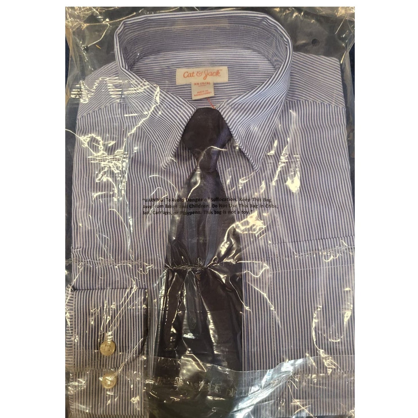 Boys Long Sleeve Dress Shirt & Tie Blue Striped Navy, XS, 37-50 Lbs. 24" Chest