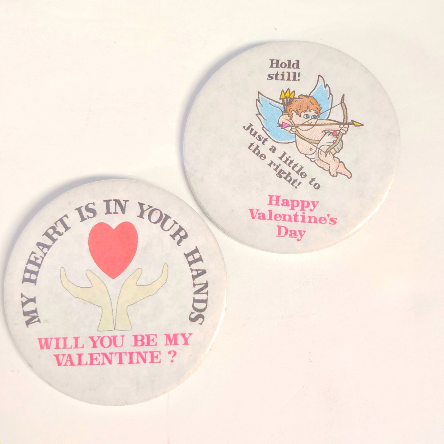 VTG Valentine’s Day Pinback Buttons Badge‑A‑Minit 2‑7/8" Cupid & Heart Hands Set