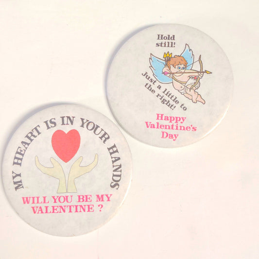 VTG Valentine’s Day Pinback Buttons Badge‑A‑Minit 2‑7/8" Cupid & Heart Hands Set