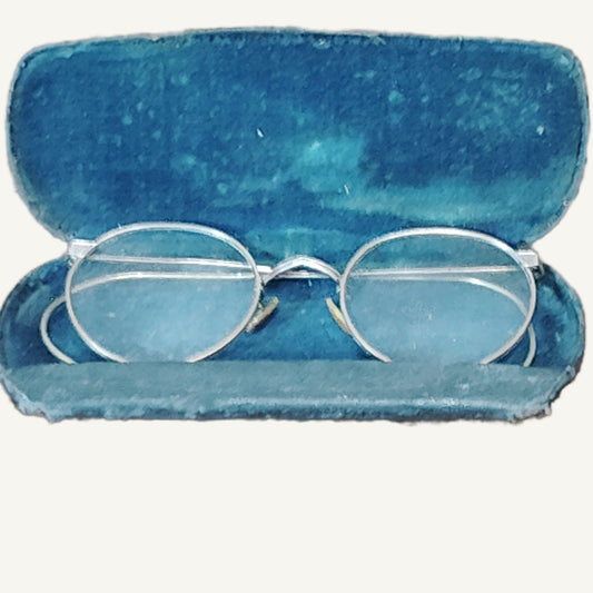 Vintage 20s/30s Goldtone Oval Eyeglasses with Blue Hard Case & Wire Frames
