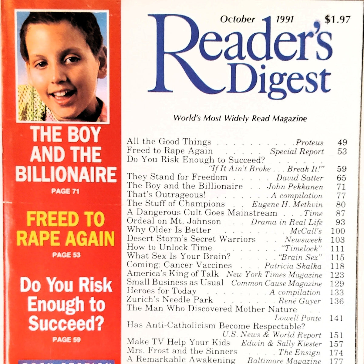 Reader's Digest October 1991 Vintage Magazine - The Boy and the Billionaire