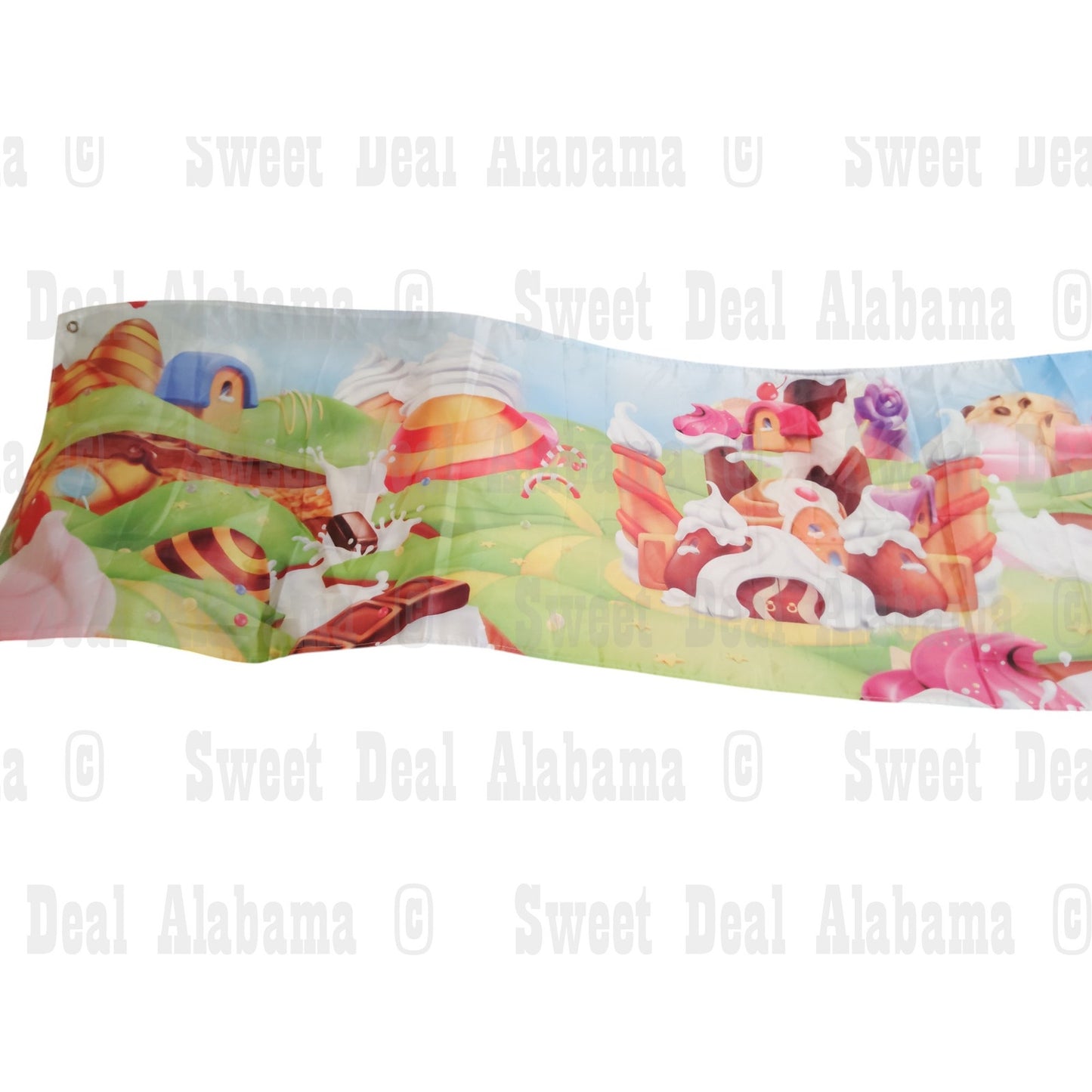 Cartoon Candy Castle Indoor/Outdoor Banner 118” x 20” Candyland Lollipop Rainbow