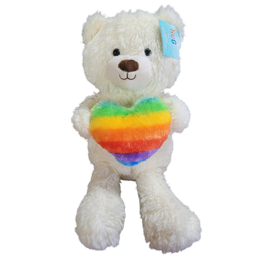 HUGme 16" Plush White Bear w/ Rainbow Heart Soft, Great Bedtime Cuddly, Ages 3+