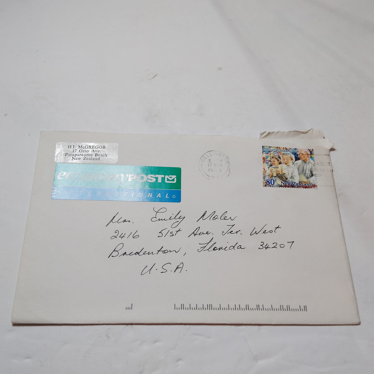 1994 New Zealand Christmas 80c Stamp Cover - Wellington Postmark to USA