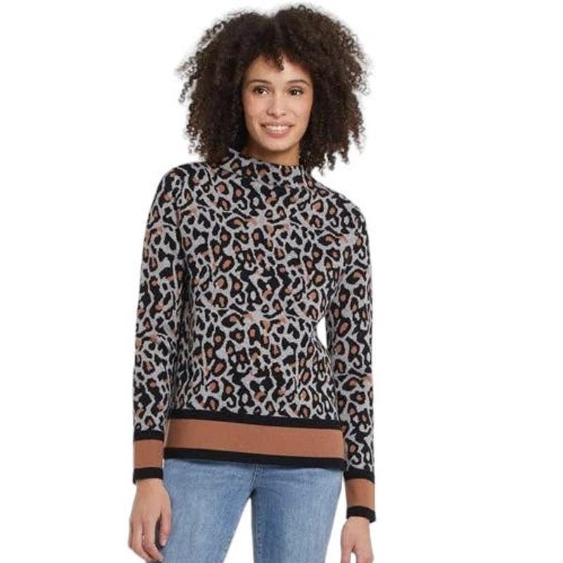 TRIBAL CHANDAIL TRICOT "ANIMAL PRINT" BLACK, GREY & CAMEL, FUNNEL NECK SWEATER
