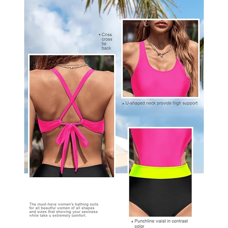 MOLYBELL One Piece High Waisted Crisscross Back Monokini Cutout, Neon, L