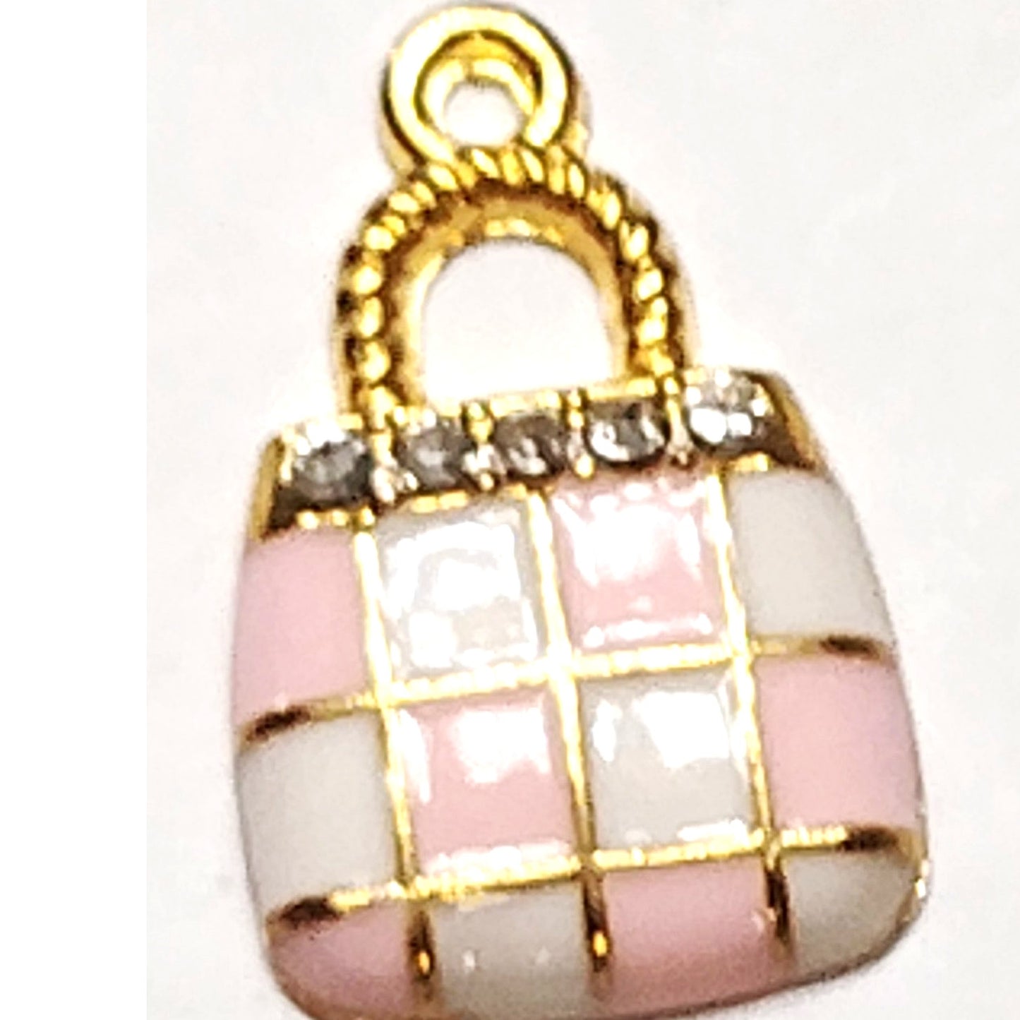 Pink Checkered Purse Charm Enamel Gold‑Tone with Rhinestones 5/8" Pendant