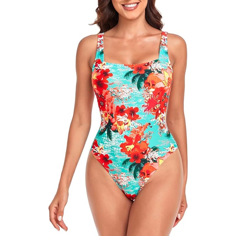 RELLECIGA Women's Blue Floral Neckline One Piece Swimsuit Straps Size L (12-14)