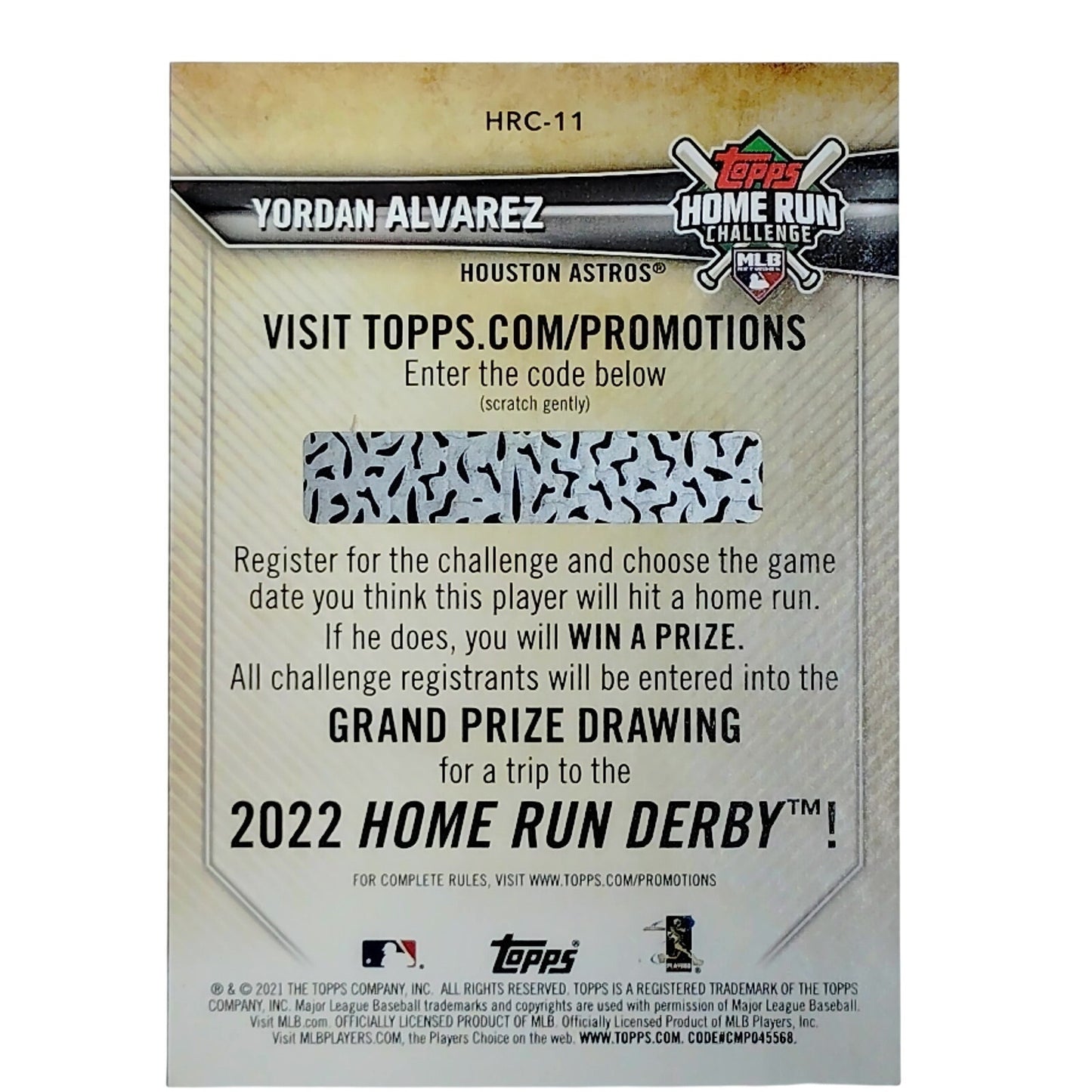 2021 Topps Series 1 #HRC-11 Yordan Alvarez Houston Astros DH -VG/EX -Unscratched