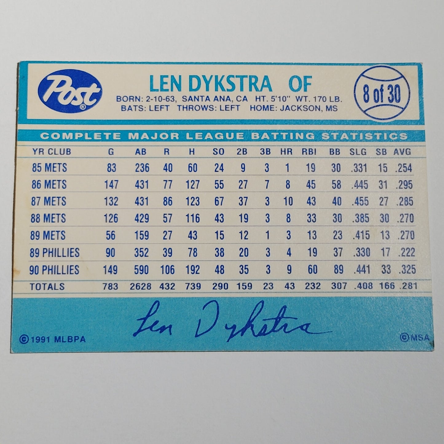 1991 Post Collector Series Lenny Dykstra #8 Philadelphia Phillies CF Baseball NM