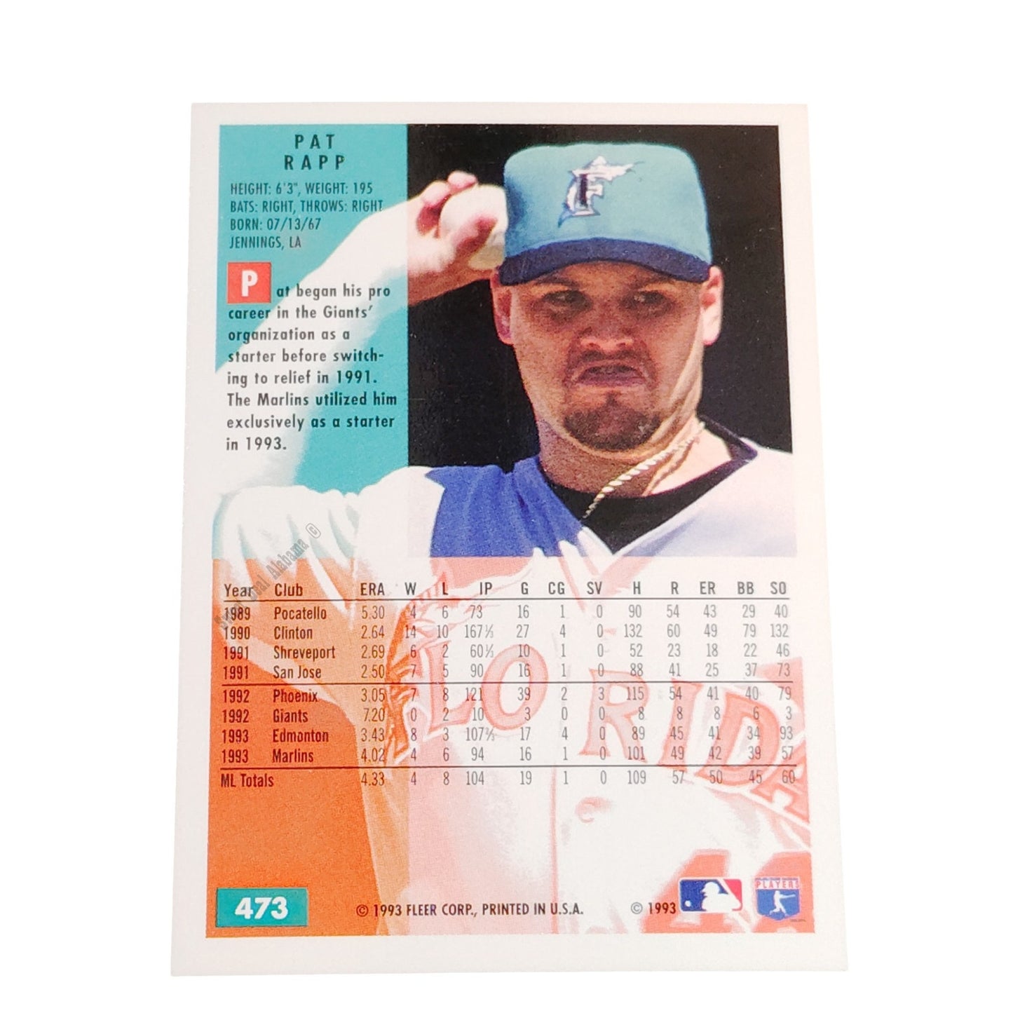 Pat Rapp, Florida Marlins, #473, 1994 Fleer Baseball Collector's Card