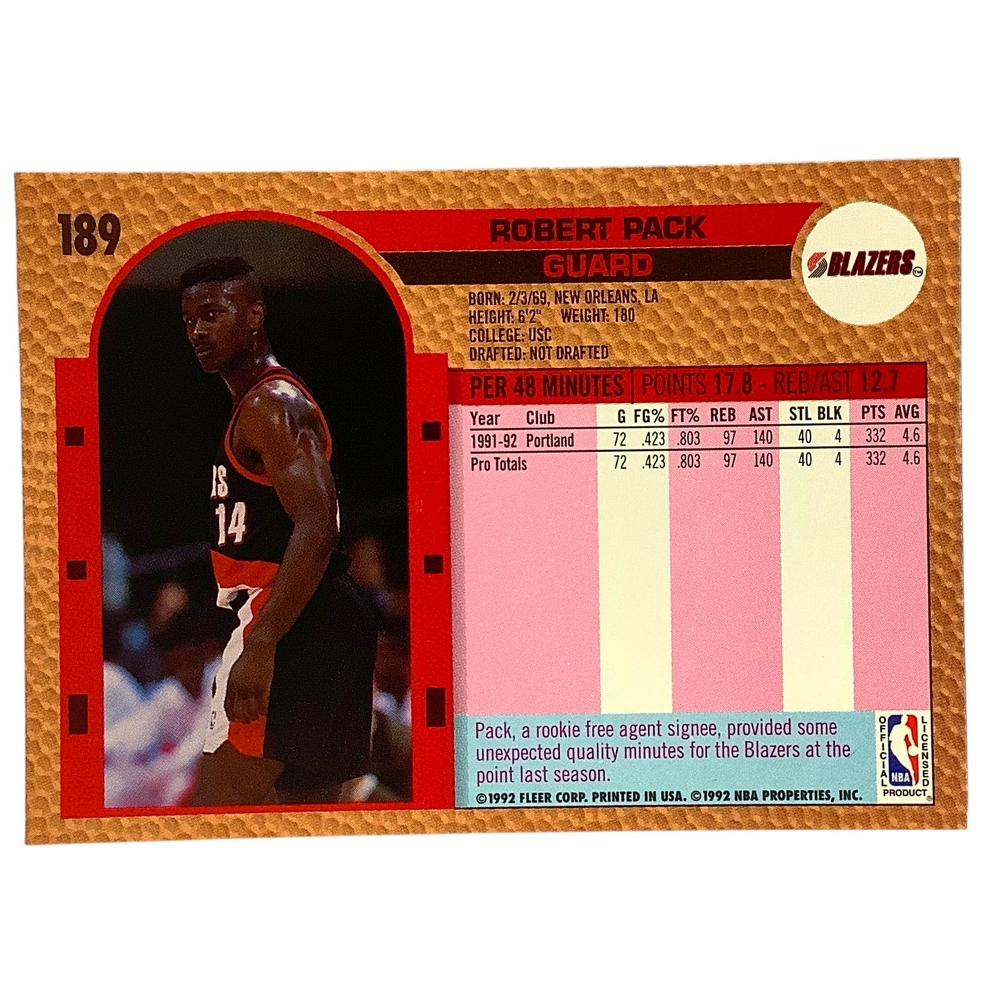 Robert Pack (G), Card #189, Portland Trail Blazers, 1992-93 Fleer NBA