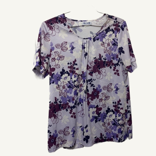 Blair Women's Vintage Purple Floral Short Sleeve V-Neck Pleated Top Size L