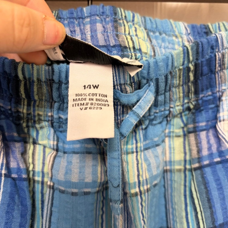 Venezia Woman Blue Plaid Cotton Elastic Waist Pants - Size 14W