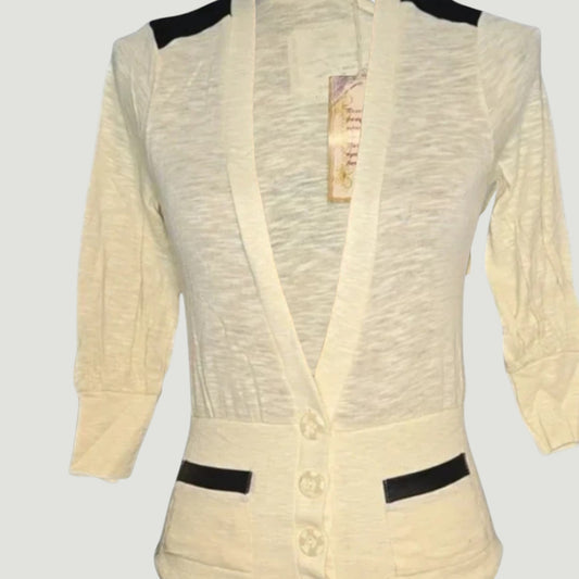 Poof For The Planet Women’s Med. Cardigan – Cream w/ Black Faux Leather Contrast