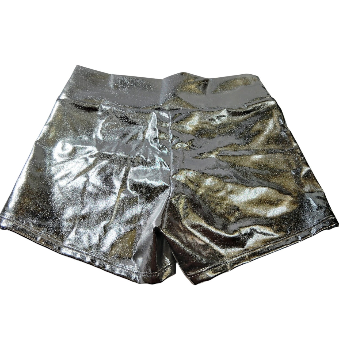 Metallic Silver High‑Shine Shorts – XS – 82/18 Poly/Elastane – 3" Inseam – NWOT