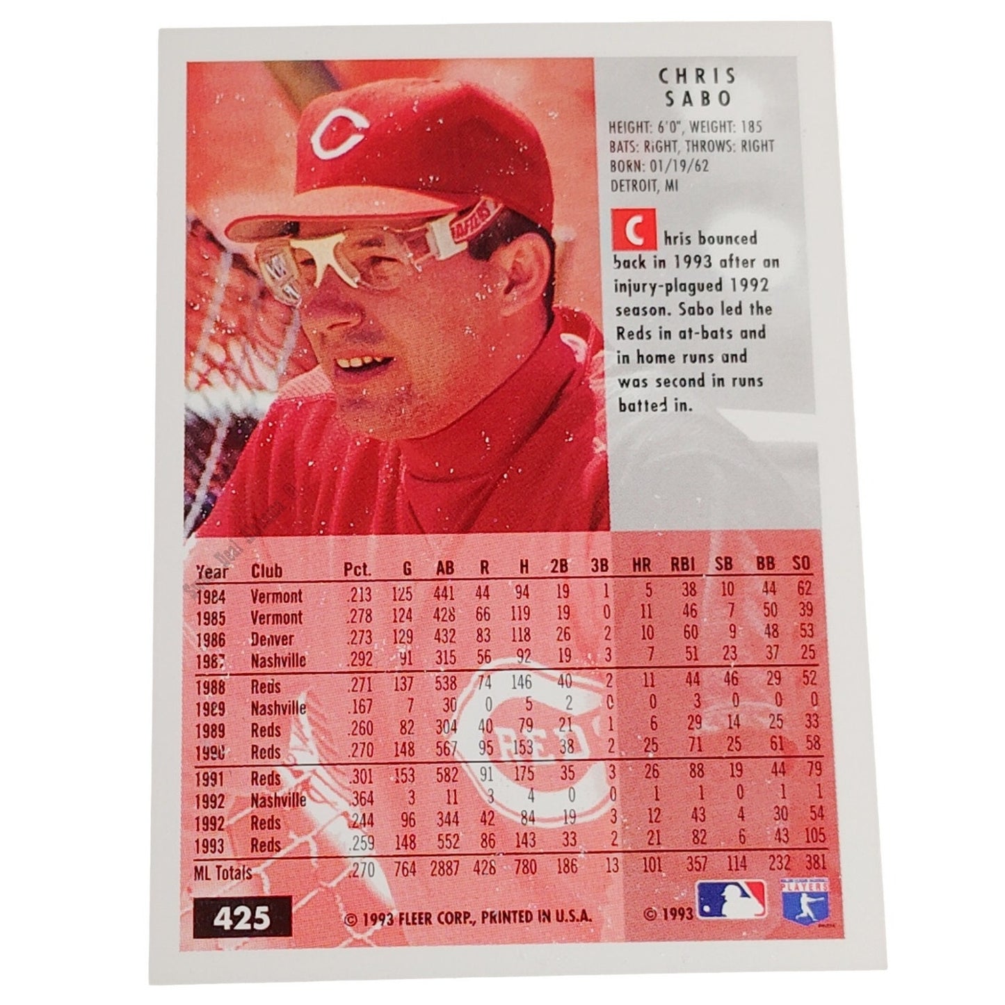 Chris Sabo, Cincinnati Reds, #425, 1994 Fleer Baseball Collector's Card