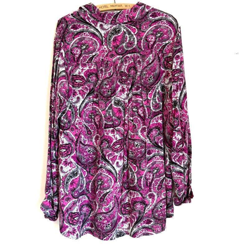 Soft Surroundings Paisley Print V-Neck Long Sleeve Top Blouse XL Pink Black