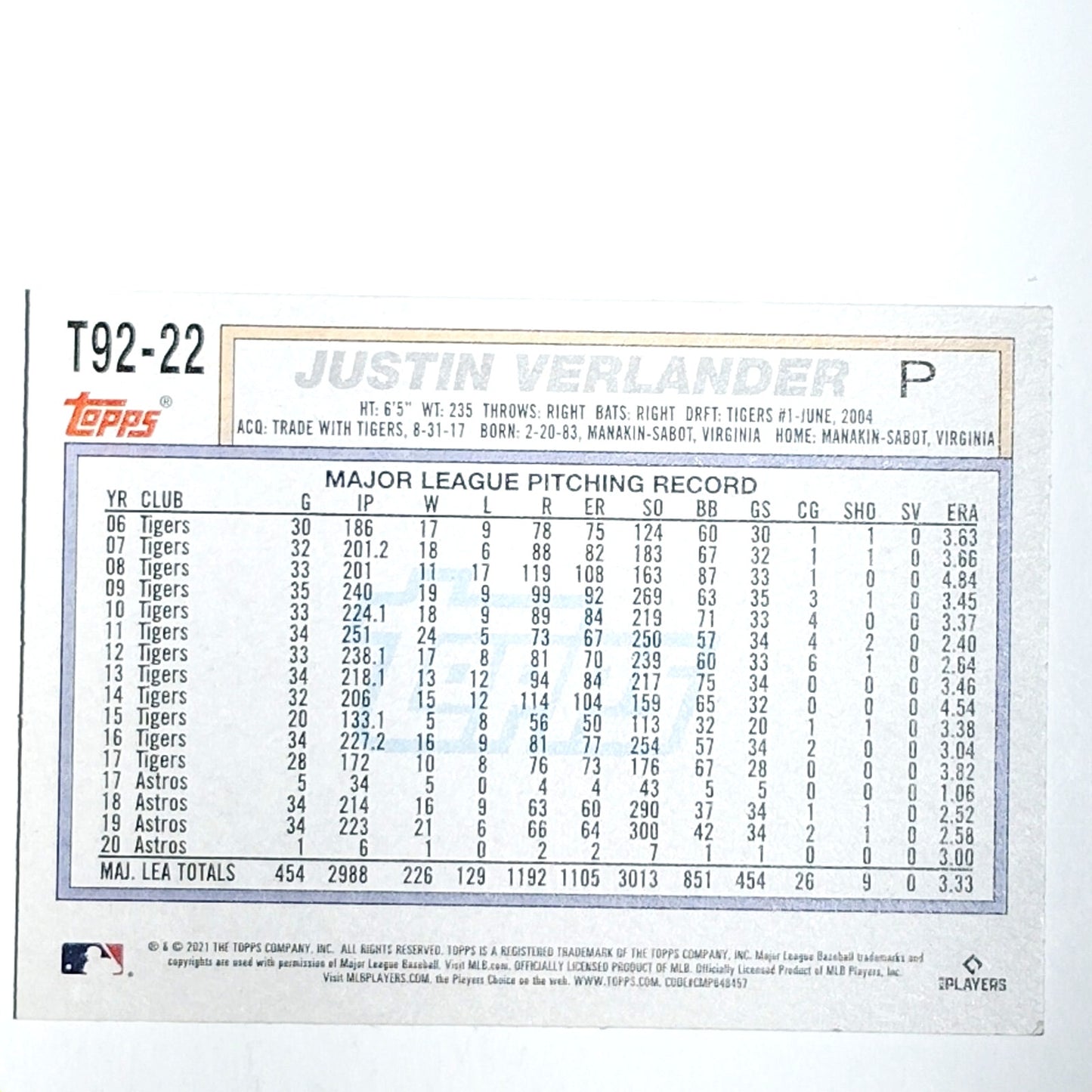 2021 Topps Update #T92-22 Justin Verlander Houston Astros Pitcher - VG/EX
