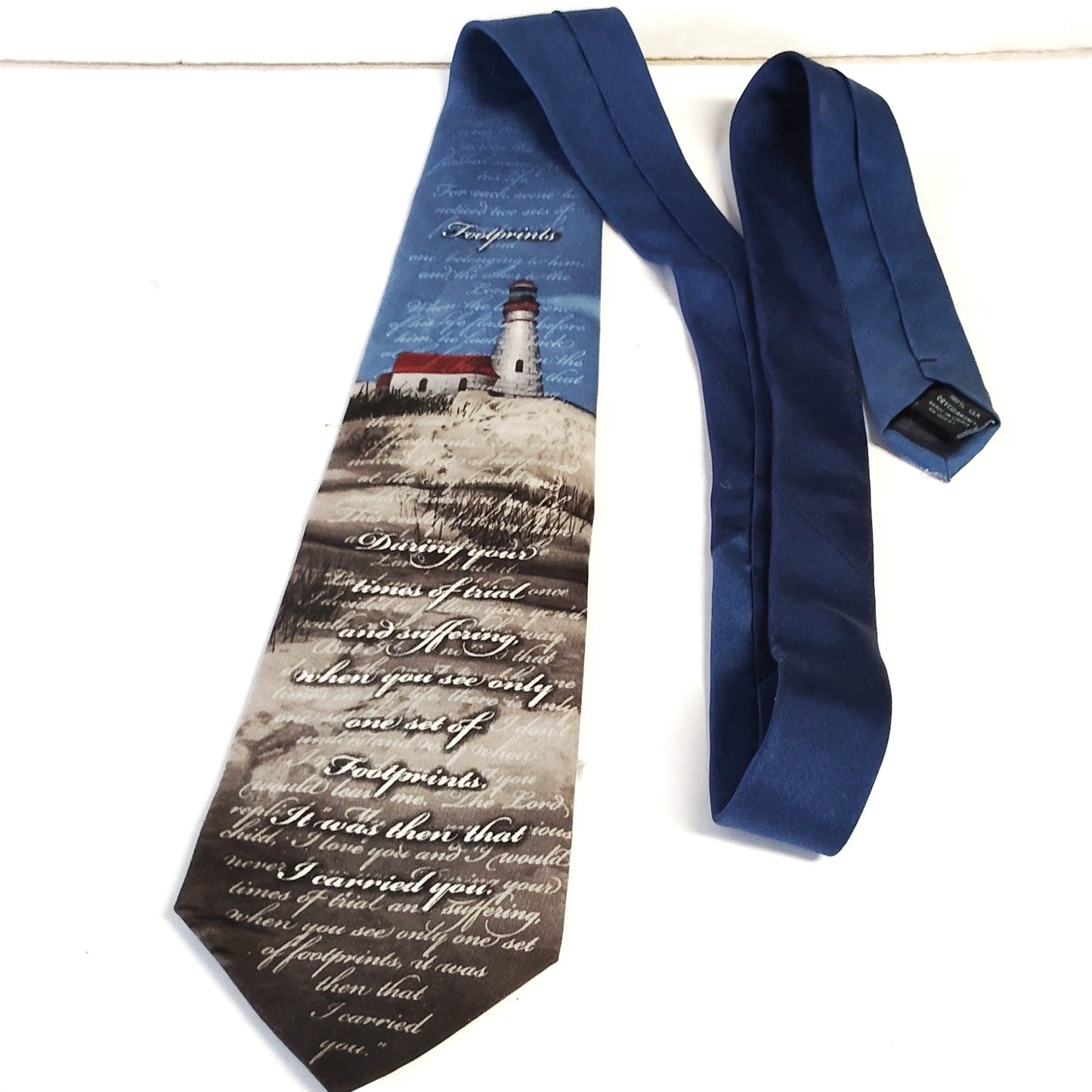 Larson Footprints Lighthouse Tie 1990s 100% Silk Christian Poem Design