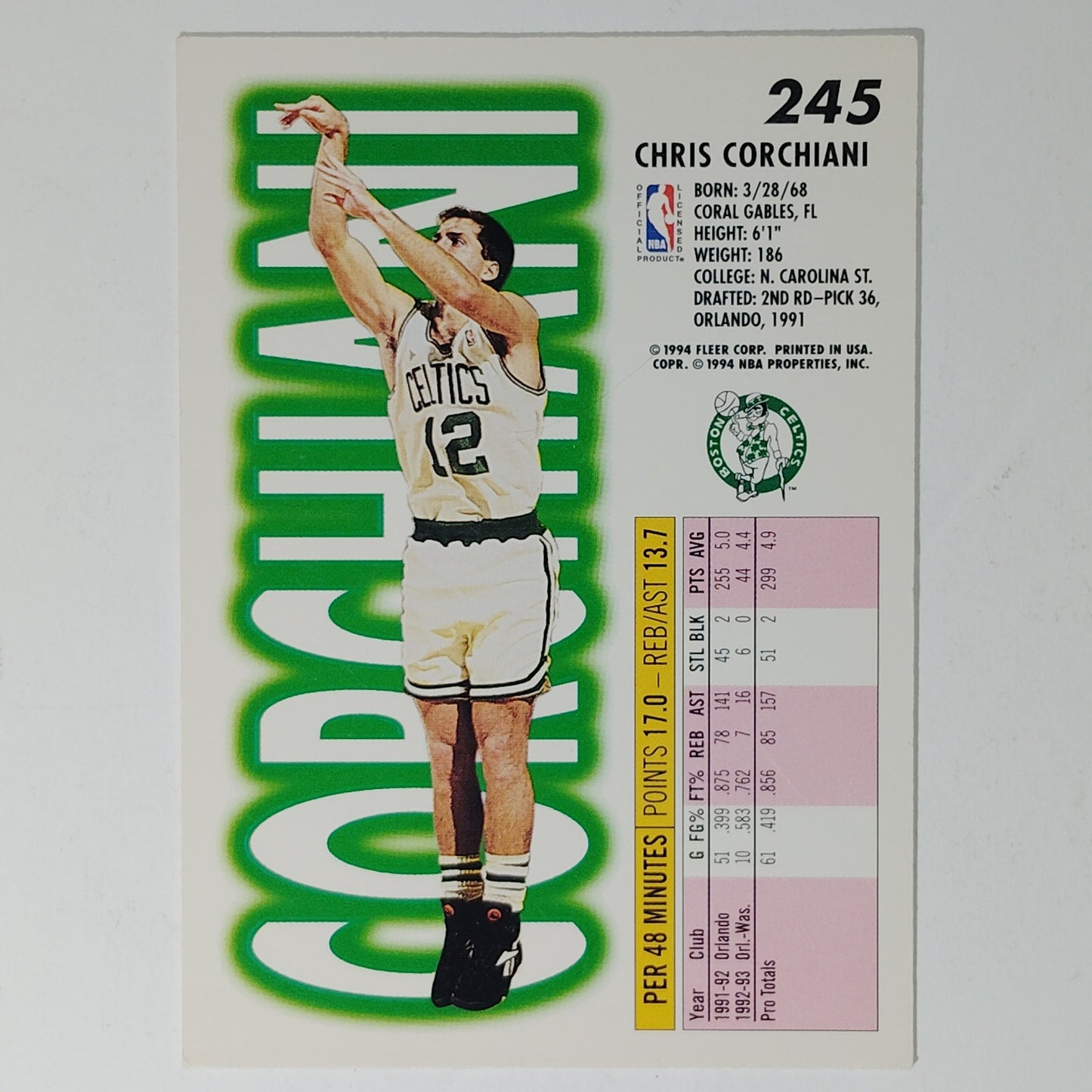 1993–94 Fleer Chris Corchiani #245 – Boston Celtics – Guard – NBA Card