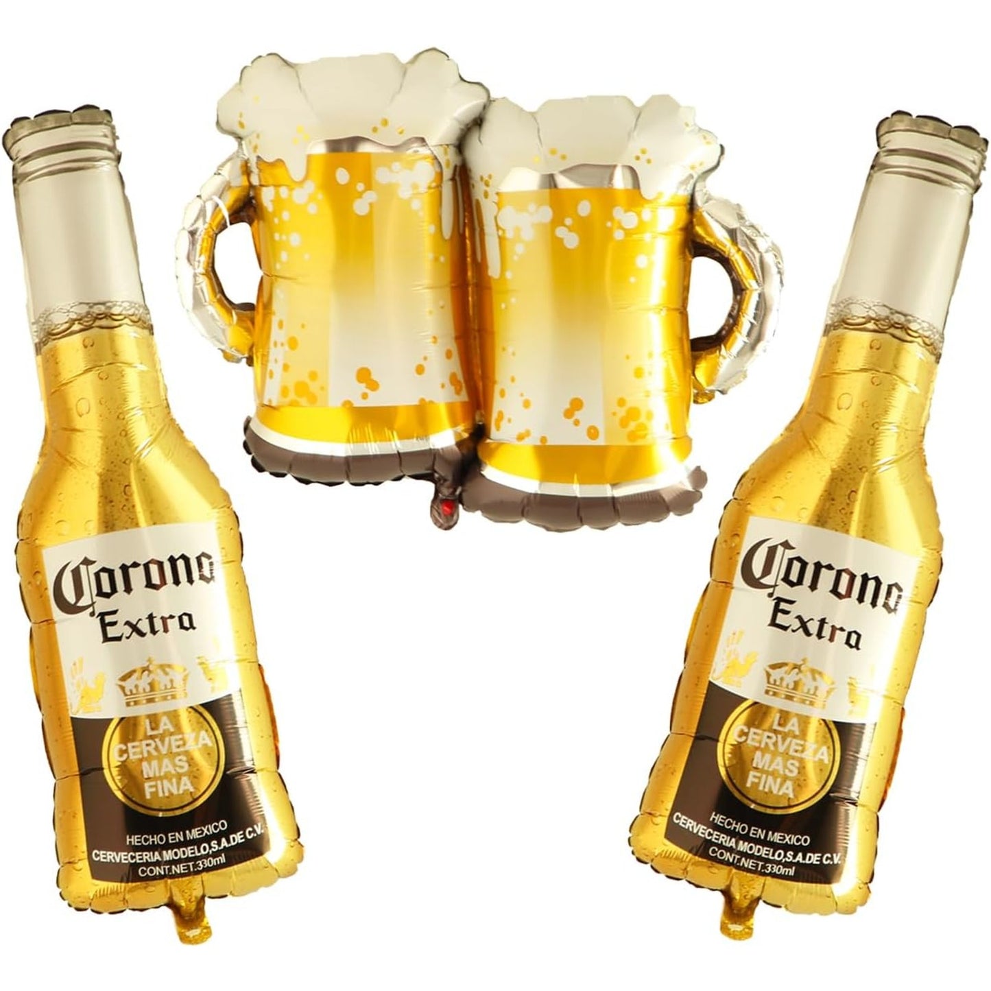 3-PCS Corona Beer Bottle & Mug Mylar Balloons - Party Décor, Gold & Silver Foil