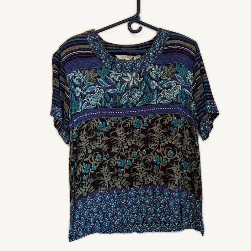 Vintage Casual Studio 2PC Floral Maxi Skirt & Top Set M Blue Boho Rayon Tiered