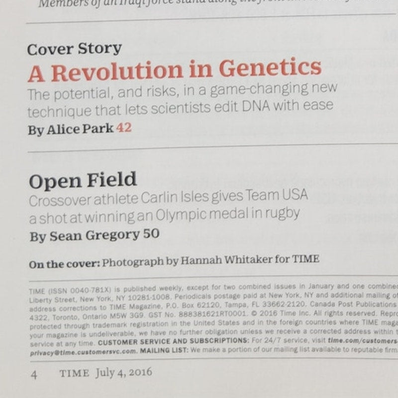 TIME Magazine July 4, 2016 Gene Machine CRISPR Cover - Alice Park Back Issue