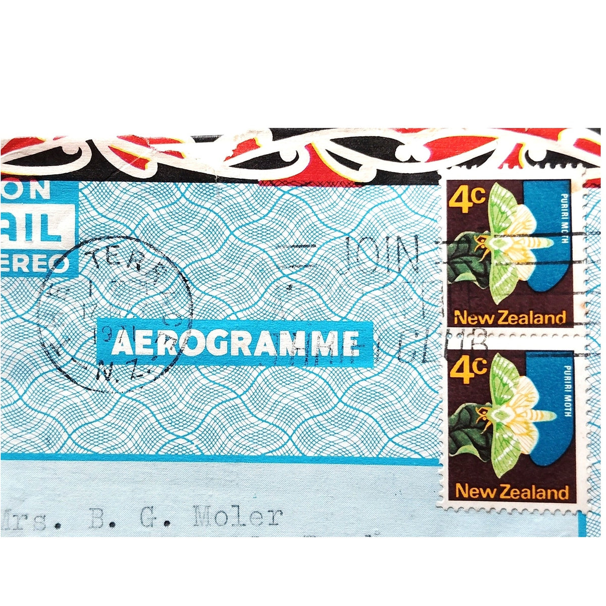 1971 New Zealand Aerogramme Cover Puriri Moth 4c Stamps Wellington to USA