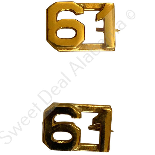 c.1910s Numeric "61", Brass Military C-Clasp Hat / Lapel / Collar Pins Set 3/8"H