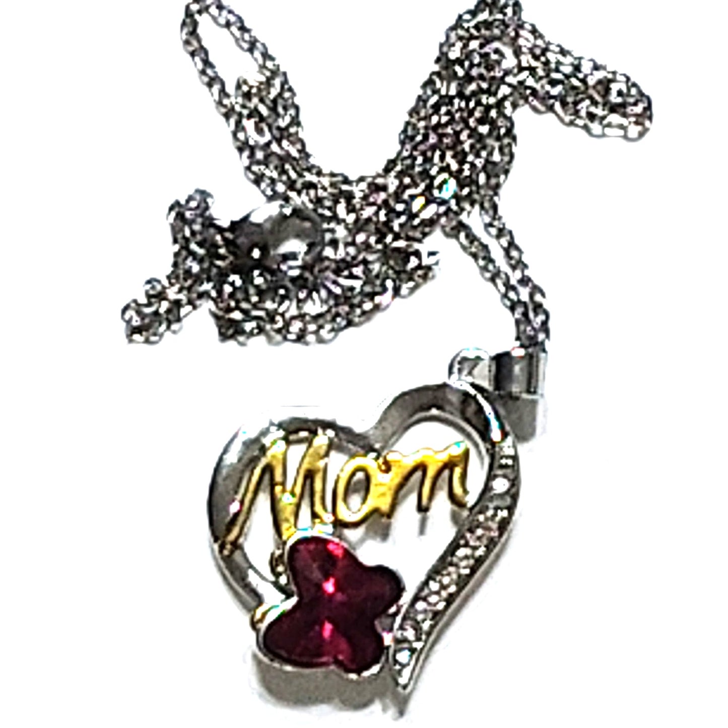 Mom Heart 18" Necklace Silver‑Tone w/ Gold Script "Mom" & Red Crystal Butterfly