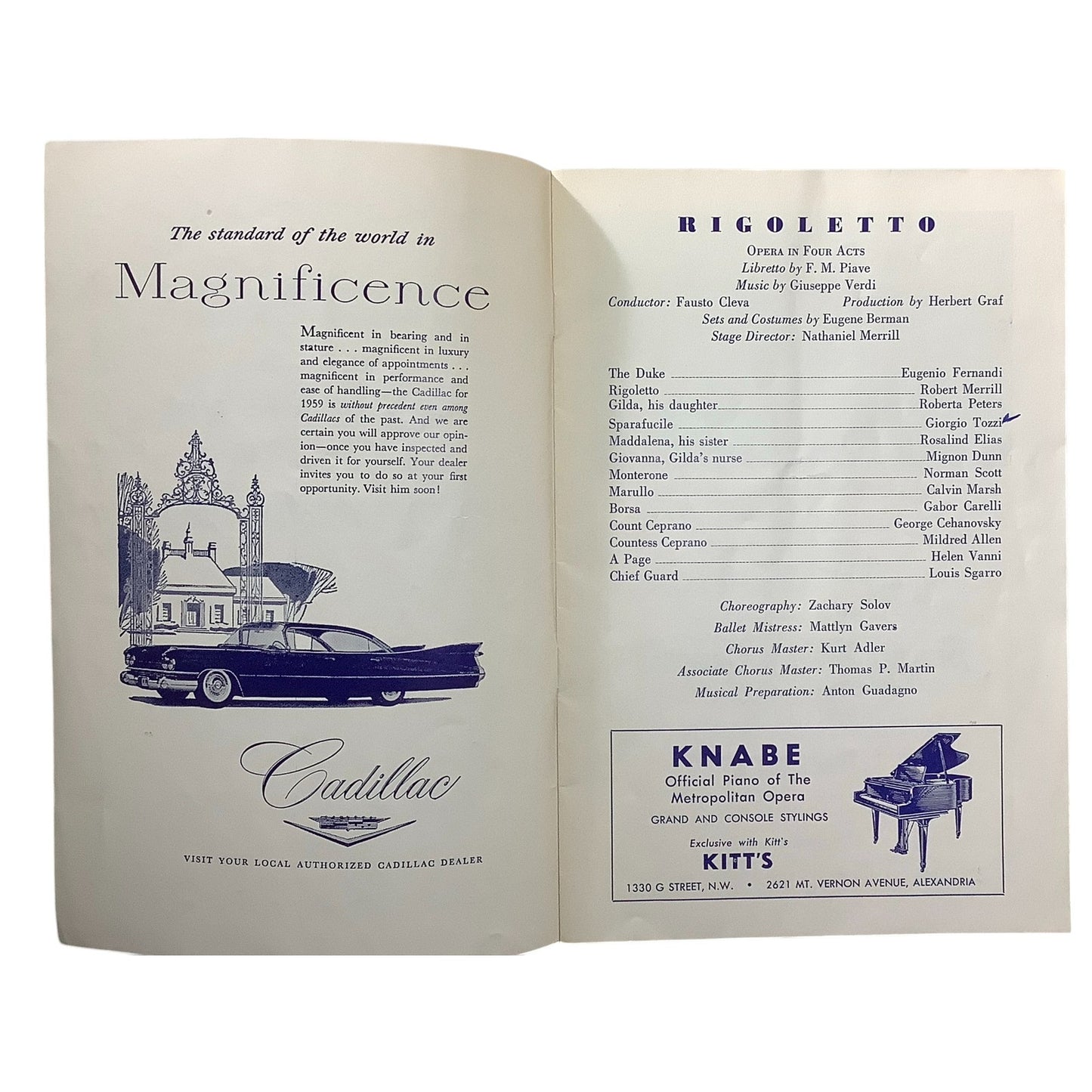 Rigoletto Playbill Apr 27 1959, Loew's Theater, Broadway NYC, Metropolitan Opera