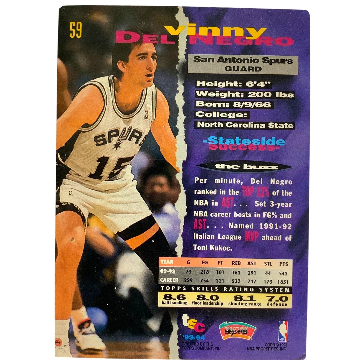Vinny DelNegro, San Antonio Spurs, 1993 Topps Stadium Club Card 59, EXC