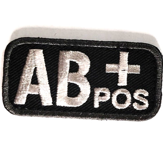 AB+ POS Blood Type Patch White on Black w/ Gray Border 2" × 1" Hook‑Back