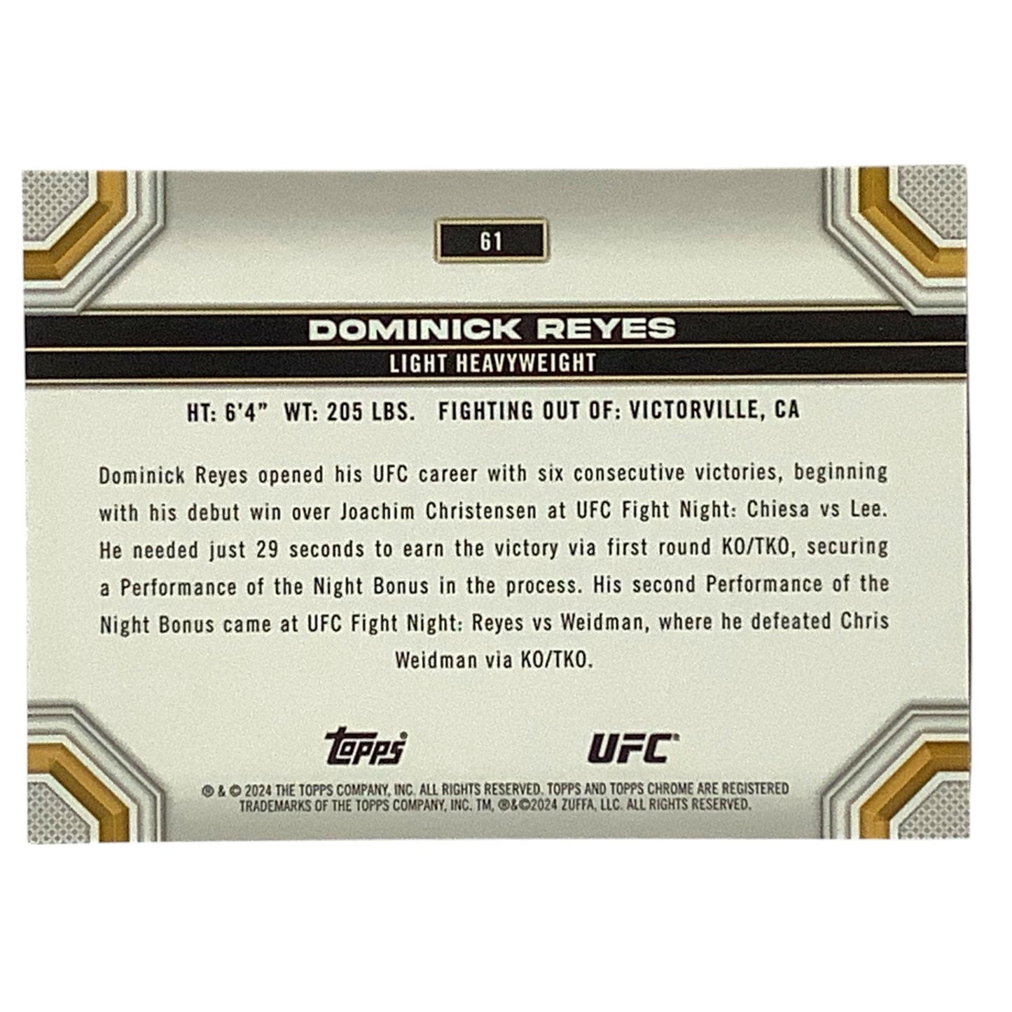 Dominick Reyes, Light Heavyweight, UFC Card 61, 2024 Topps Chrome UFC, NM+