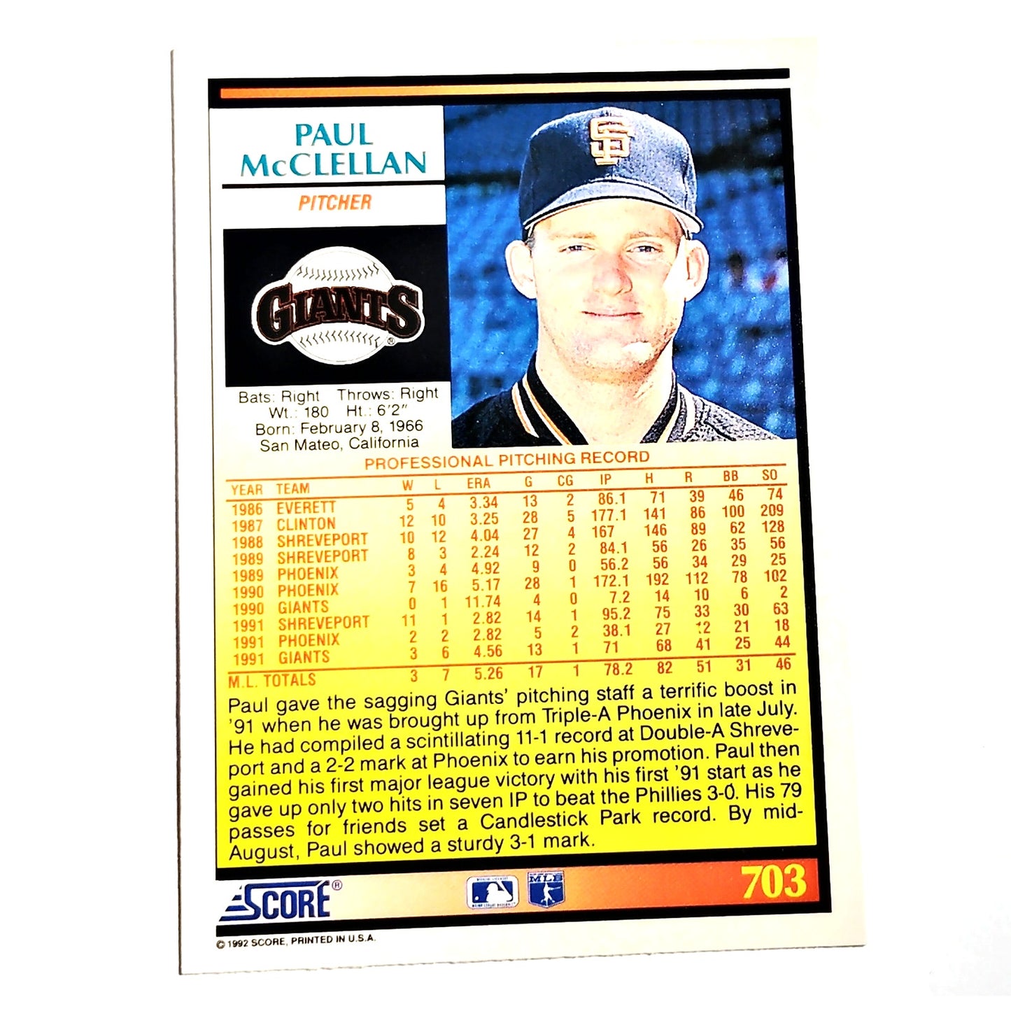 1992 Score Paul McClellan #703 San Francisco Giants Pitcher Baseball Card NM