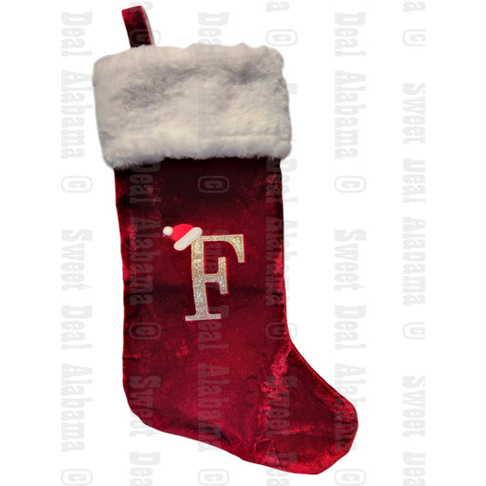 20" Red Velvet Monogram Christmas Stocking – Letter F, Plush Cuff, Embroidered