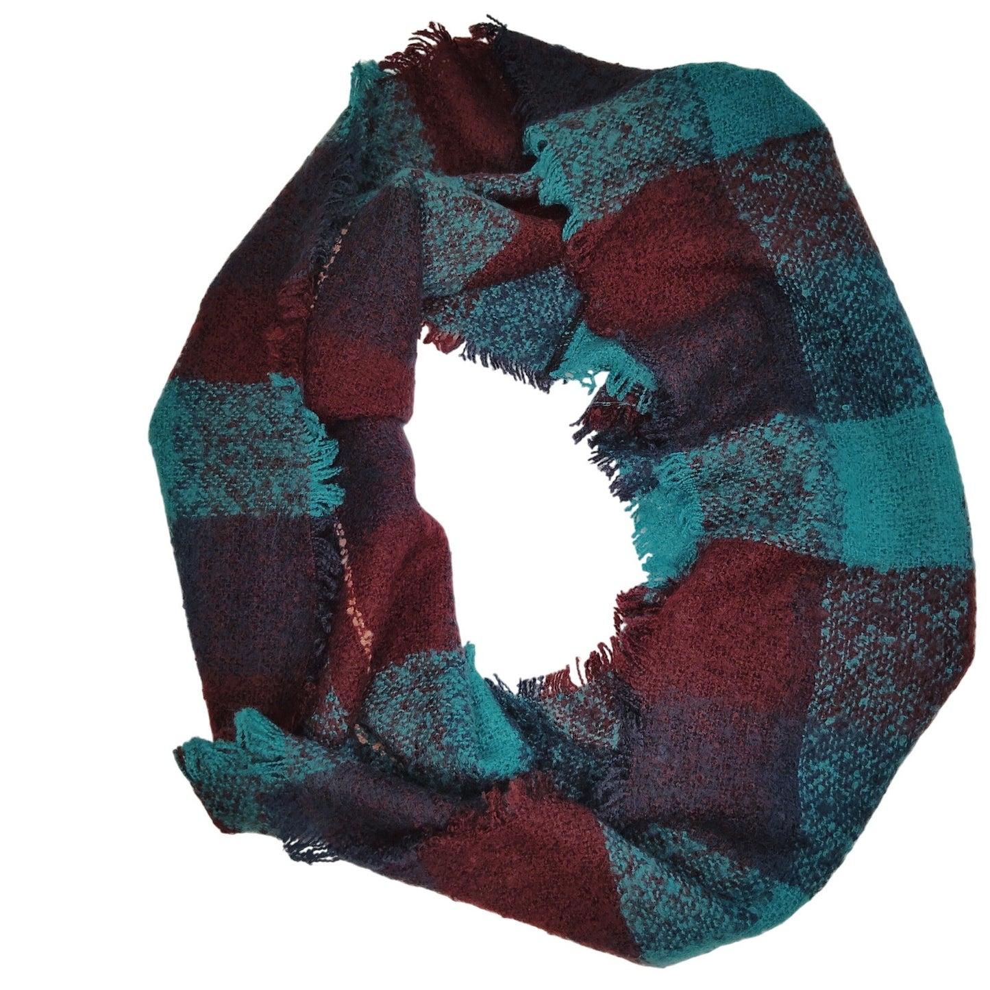 Lucky Leaf Infinity Scarf w/ Tassels Lightweight Acrylic,  Burgundy Green Plaid