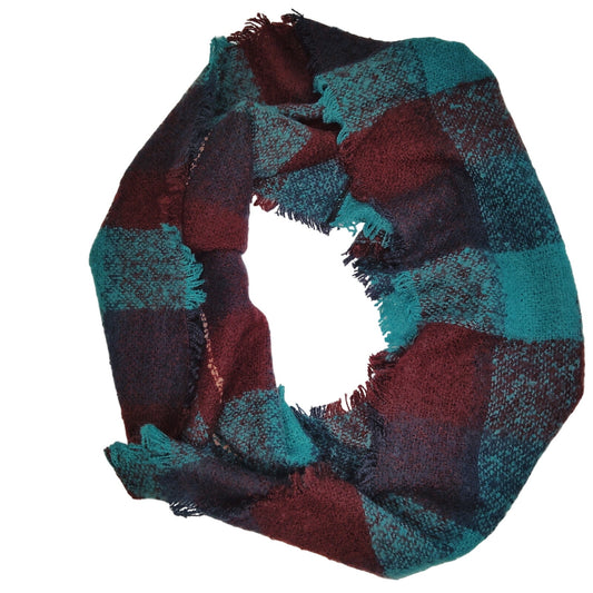 Lucky Leaf Infinity Scarf w/ Tassels Lightweight Acrylic,  Burgundy Green Plaid
