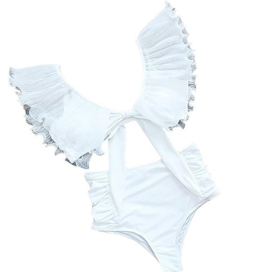 Sporlike High Waisted Swim Pleated Lace Ruffle Bikini Padded, Milky, L (12-14)