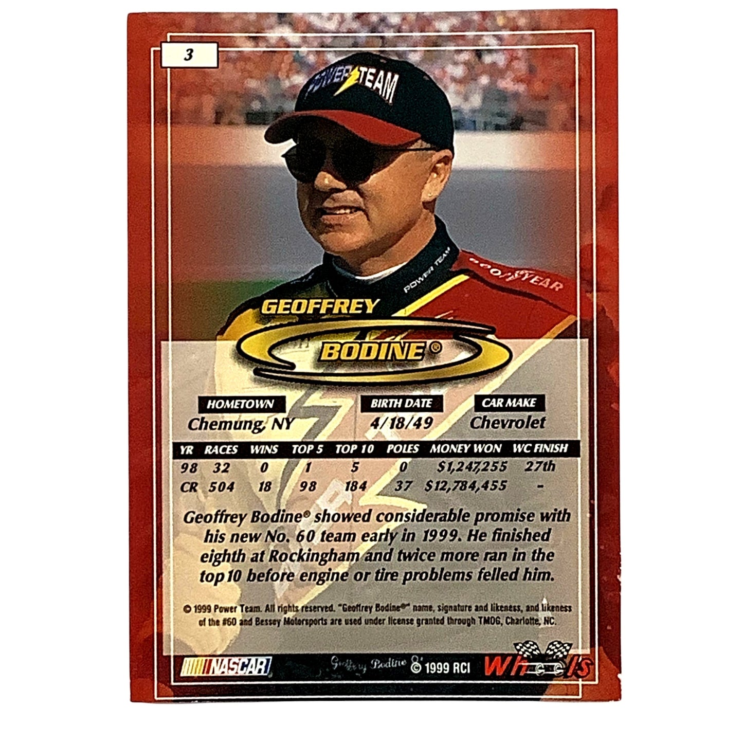 Geoffrey Bodine, Sponsor: Power Team Card 3, 1999 Wheels NASCAR Winston Cup, NM+