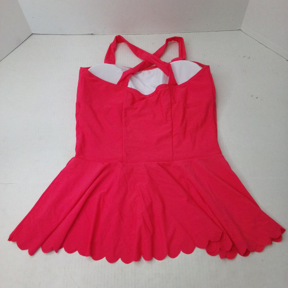 Hot Pink Halter Tankini Swim Dress Size L Scalloped Hem Sweetheart Neckline