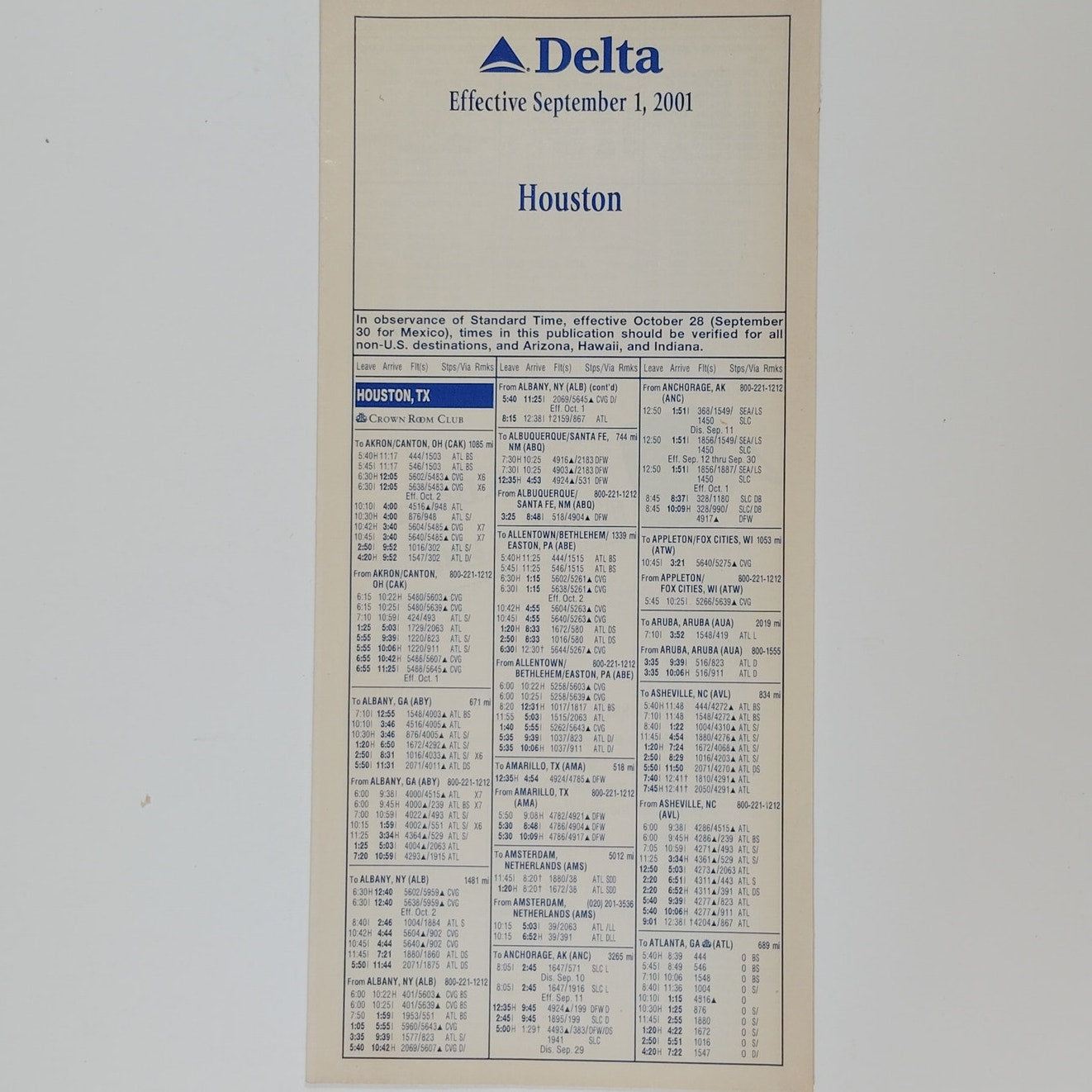 Delta Air Lines Worldwide Timetable, 9/1/2001, Olympic Cover, 147 Pgs, Ephemera