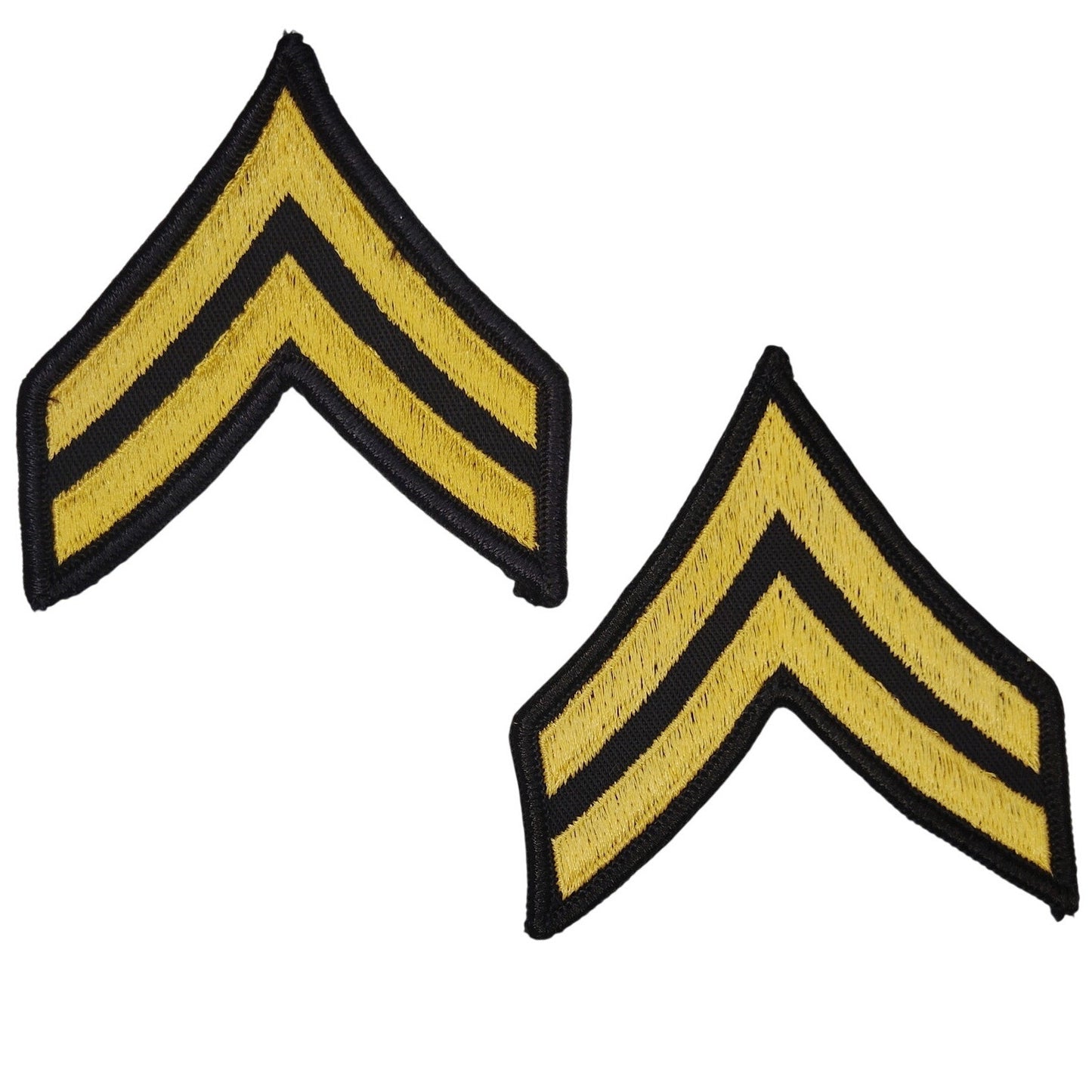 US Army Corporal E‑4 ASU Chevrons Male Size Gold on Black Sew‑On Pair 3.25 × 3"